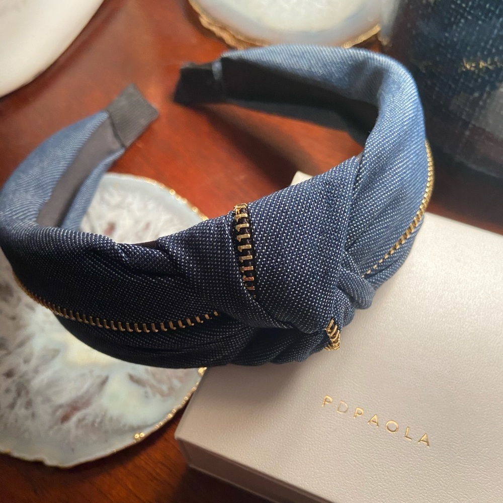 Dark denim headband with zipper detail
